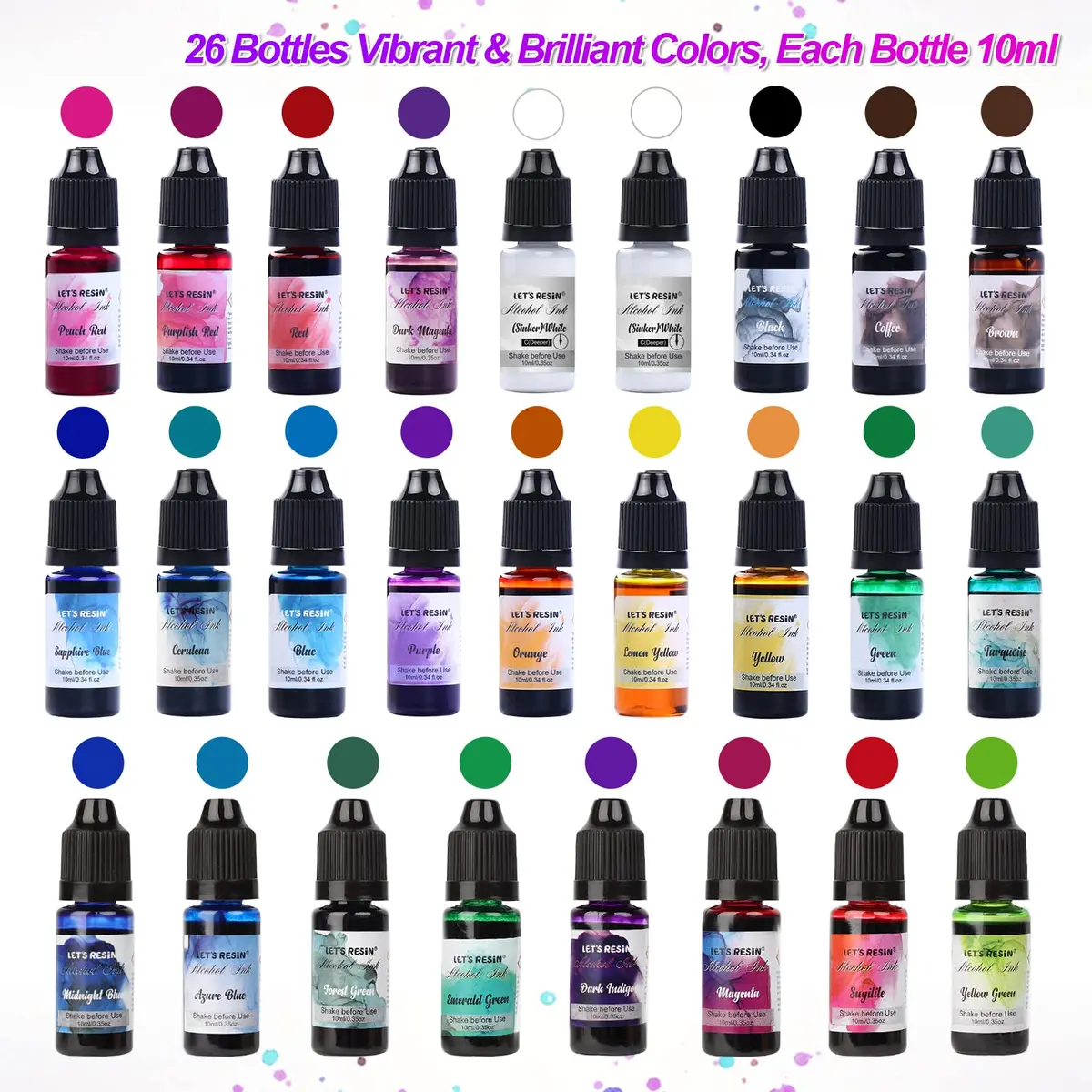 LET'S RESIN Concentrated Alcohol Ink Set 26 Colors (10ml/0.35oz Each) | Vibrant, Highly Pigmented for Resin Art - view 2