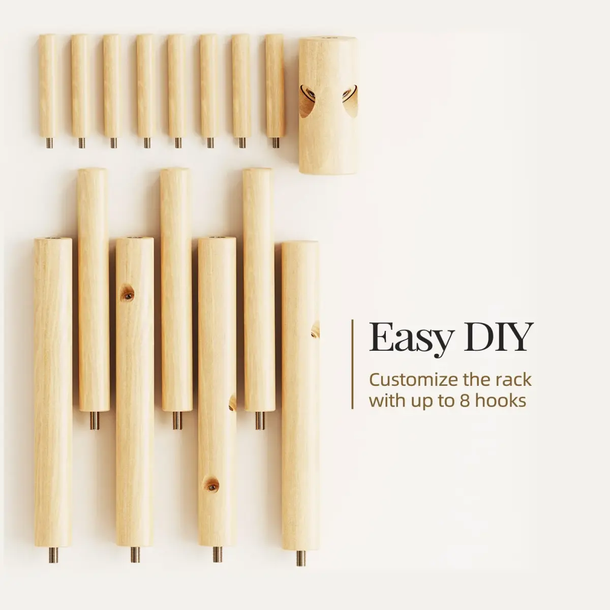 Pipishell Solid Wooden Coat Rack Freestanding with 8 Hooks, Natural | 1.7m (68.9") Height-Adjustable Entryway Stand - view 5