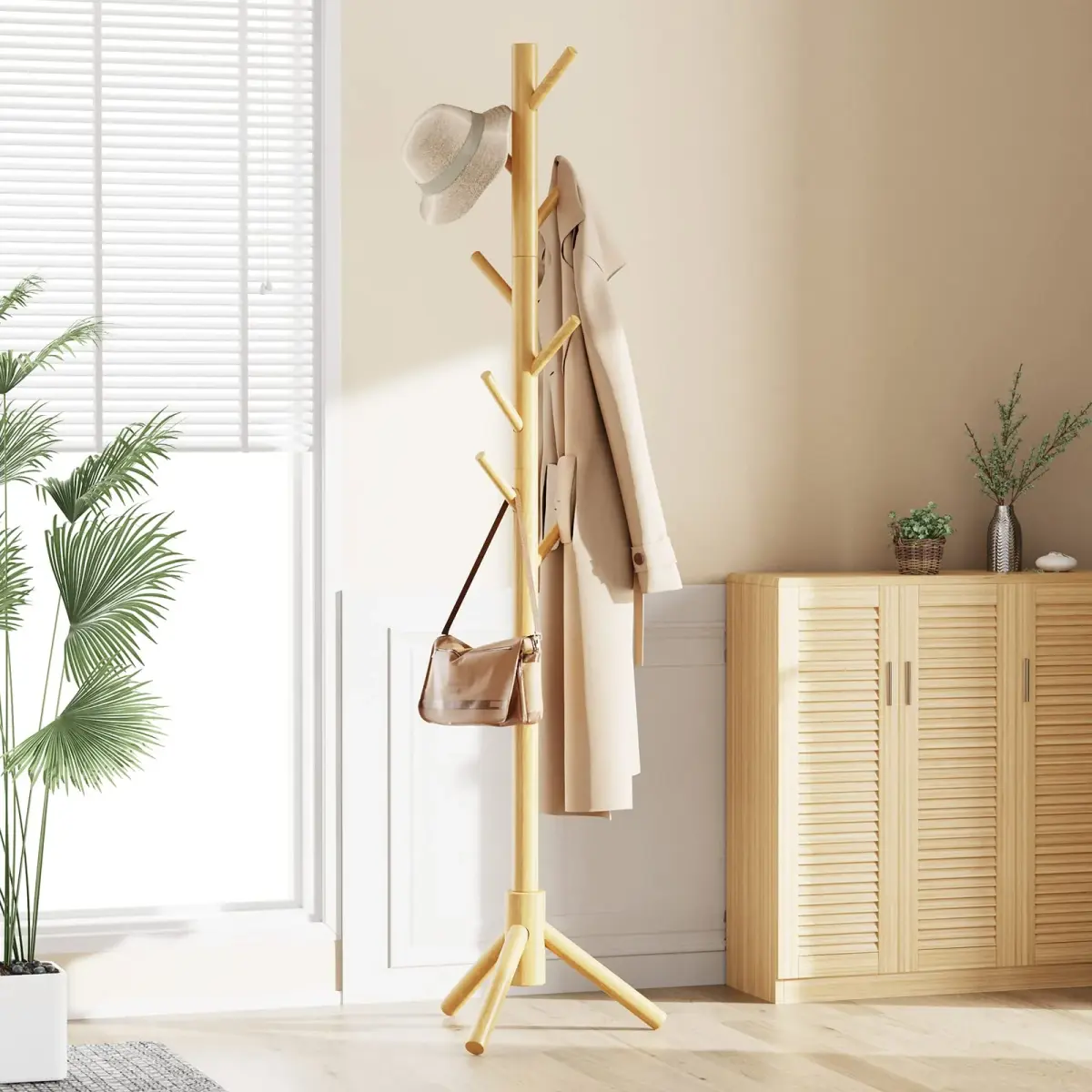 Pipishell Solid Wooden Coat Rack Freestanding with 8 Hooks, Natural | 1.7m (68.9") Height-Adjustable Entryway Stand - view 6