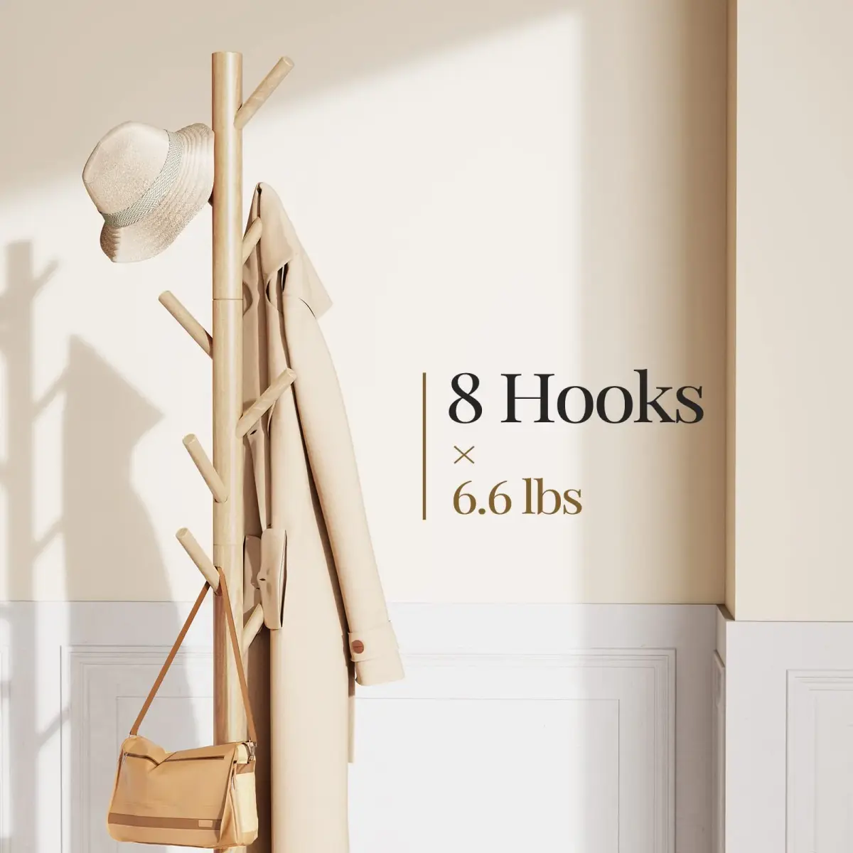 Pipishell Solid Wooden Coat Rack Freestanding with 8 Hooks, Natural | 1.7m (68.9") Height-Adjustable Entryway Stand - main product image
