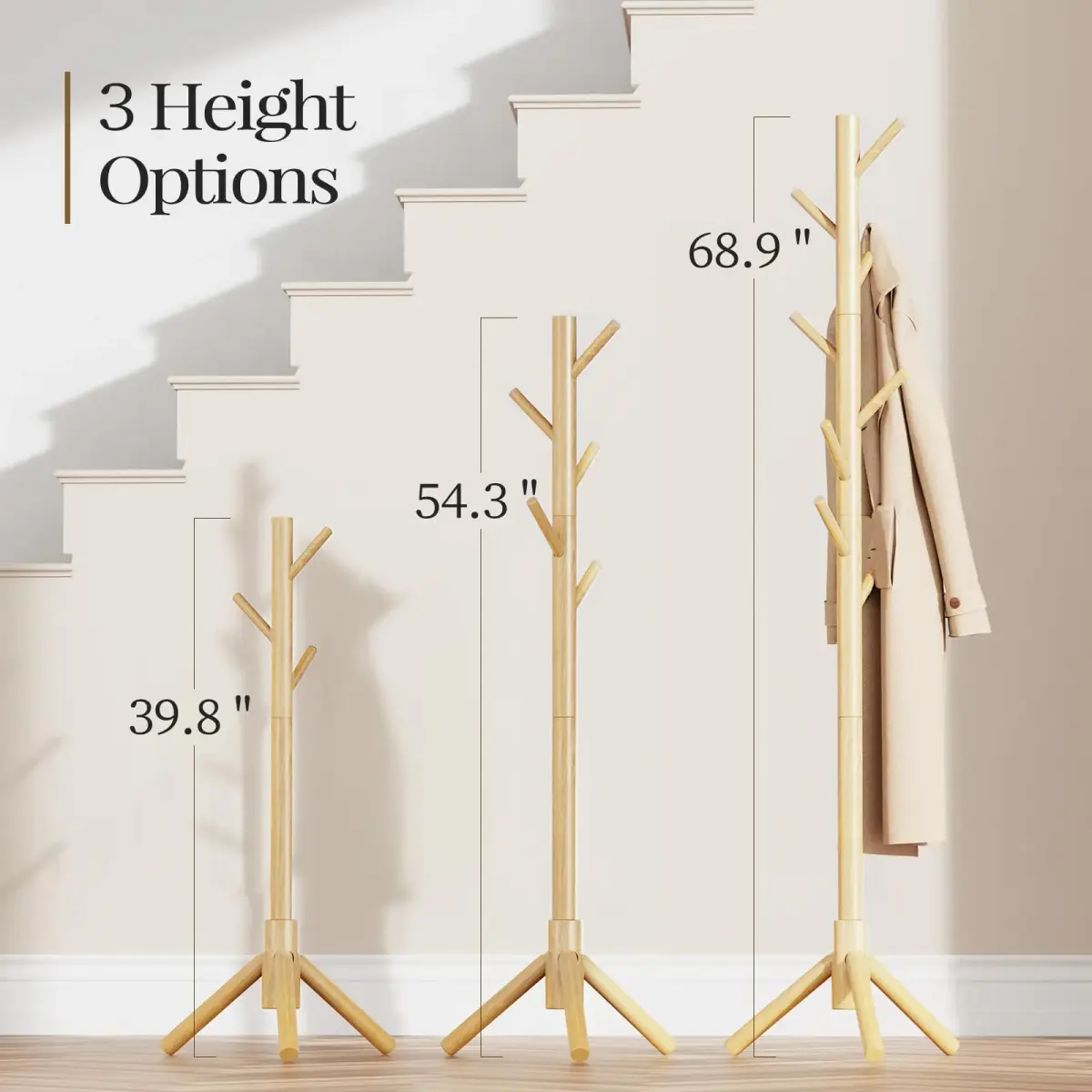Pipishell Solid Wooden Coat Rack Freestanding with 8 Hooks, Natural | 1.7m (68.9") Height-Adjustable Entryway Stand - view 2