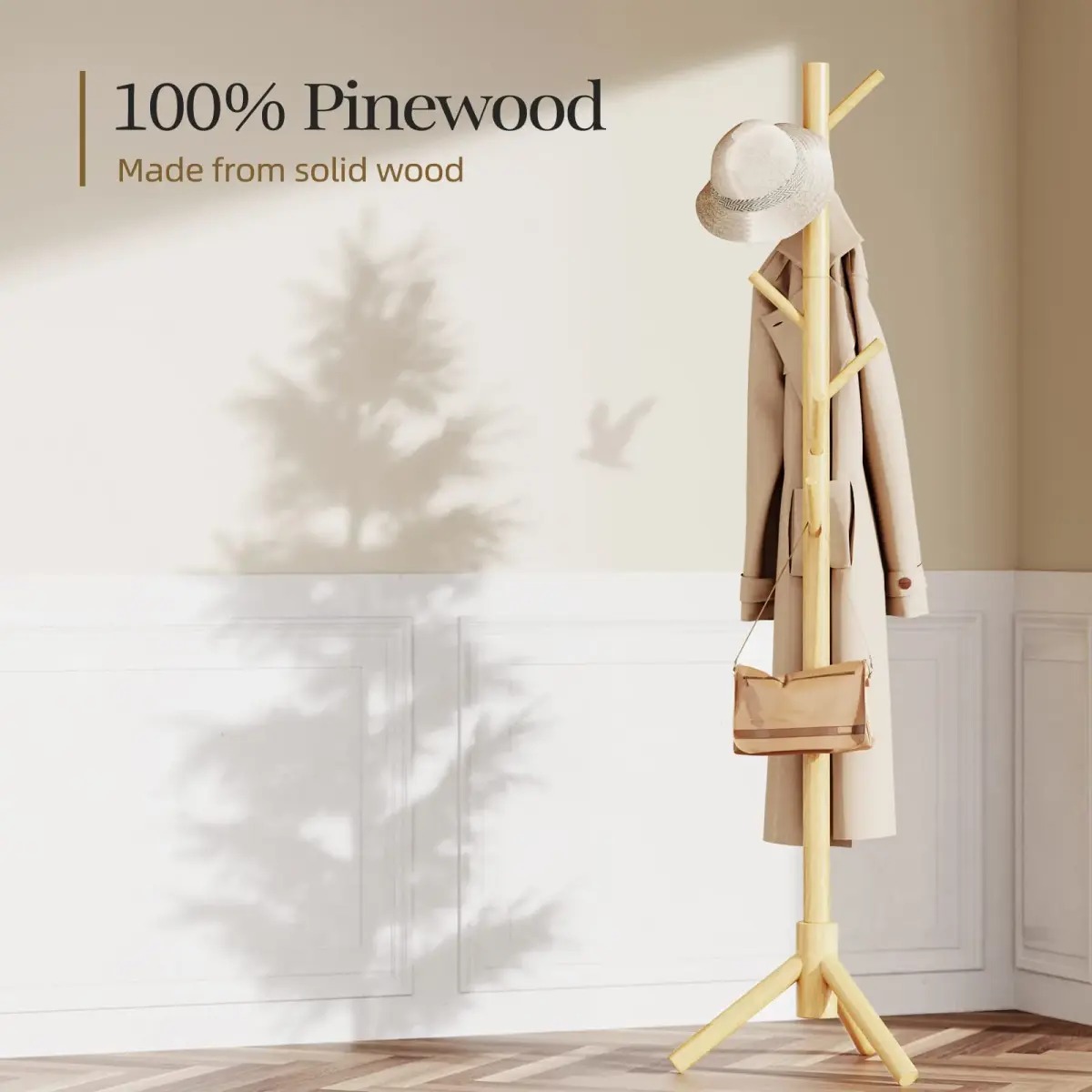 Pipishell Solid Wooden Coat Rack Freestanding with 8 Hooks, Natural | 1.7m (68.9") Height-Adjustable Entryway Stand - view 3