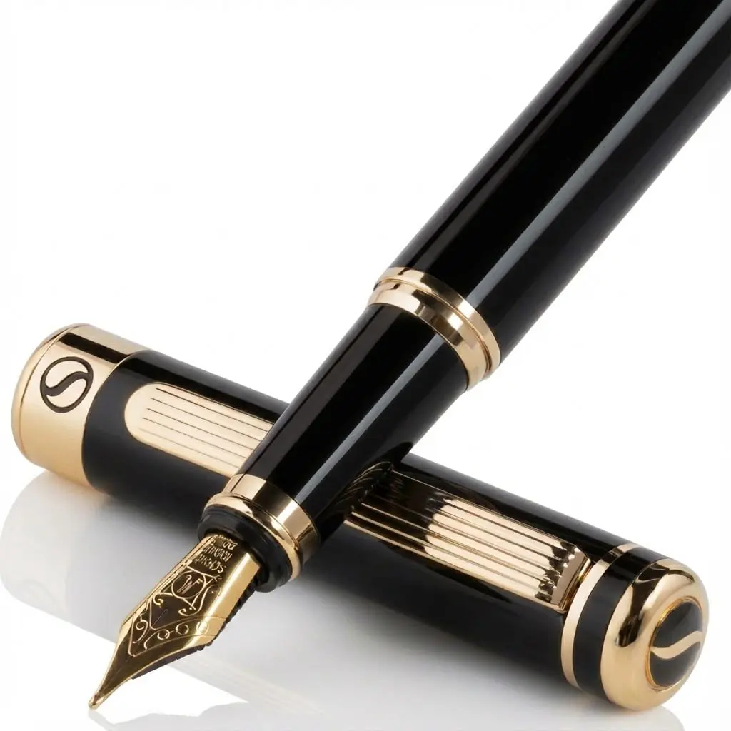 Scriveiner Luxury Fountain Pen - Black Lacquer, Gold Finish, Schmidt Gilded Nib, Converter | Elegant British Design (110 characters) - main product image