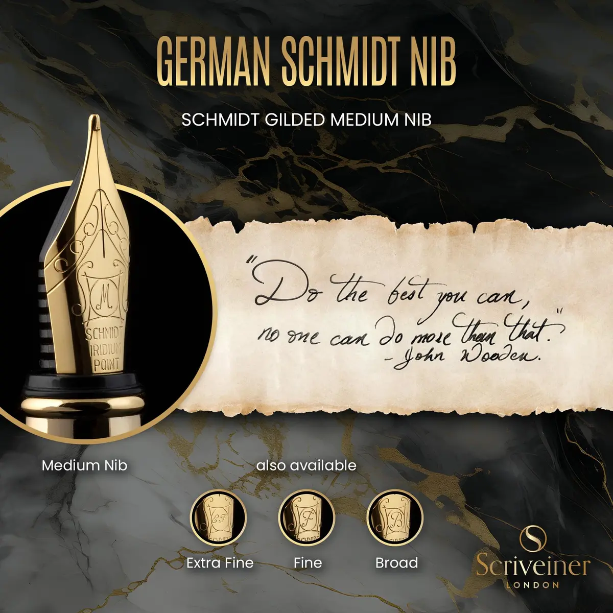 Scriveiner Luxury Fountain Pen - Black Lacquer, Gold Finish, Schmidt Gilded Nib, Converter | Elegant British Design (110 characters) - view 5