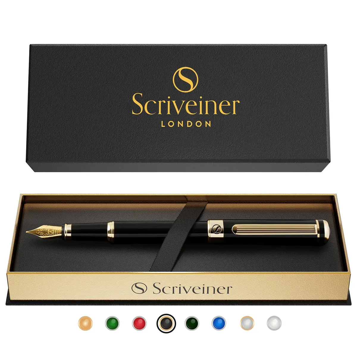 Scriveiner Luxury Fountain Pen - Black Lacquer, Gold Finish, Schmidt Gilded Nib, Converter | Elegant British Design (110 characters) - view 9