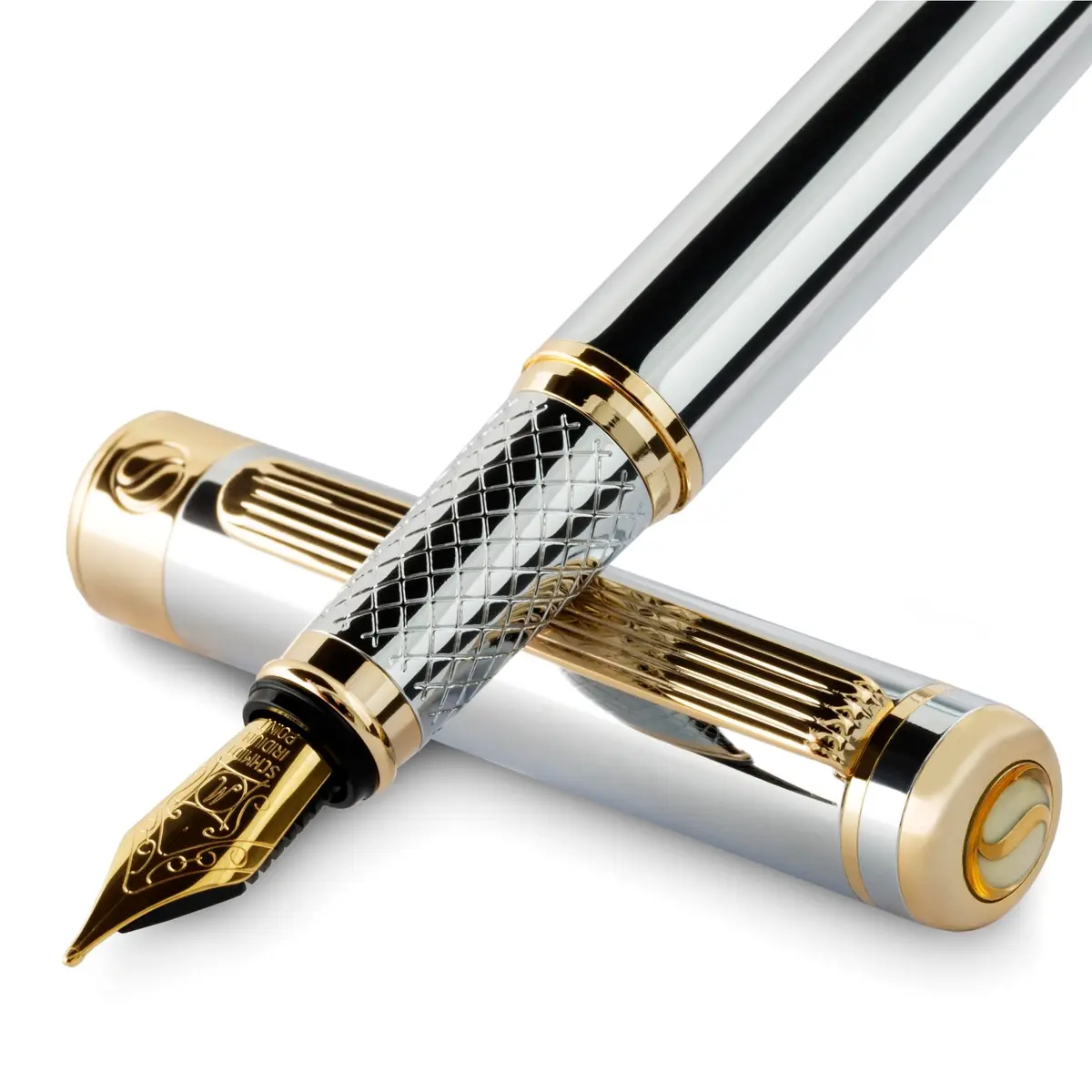 Scriveiner Silver Chrome Fountain Pen with Gold Finish Schmidt Nib (Medium) | Luxury Executive Pen for Professionals - main product image
