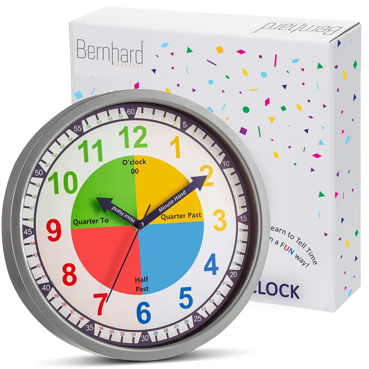 Bernhard Products Colorful Kids Wall Clock 12 Inch | Silent Teaching Time Tool for Children - view 2