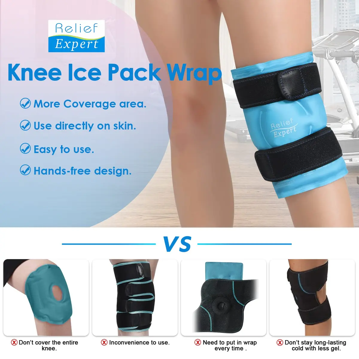 Relief Expert Knee Ice Pack Wrap with Plush Lining & Nylon Side - Large Blue, 1 Pack | Reusable Cold Compress for Knee Pain Relief - view 5