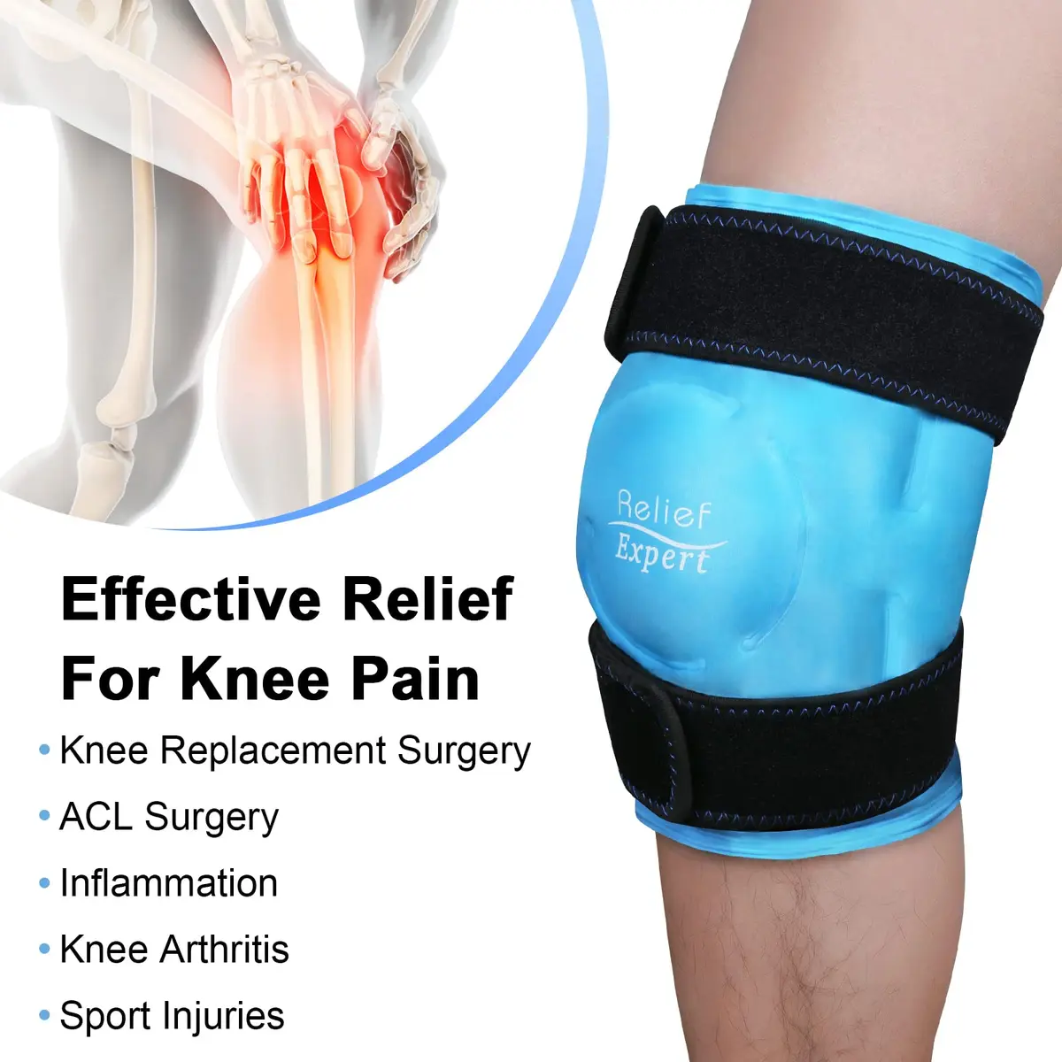 Relief Expert Knee Ice Pack Wrap with Plush Lining & Nylon Side - Large Blue, 1 Pack | Reusable Cold Compress for Knee Pain Relief - view 2