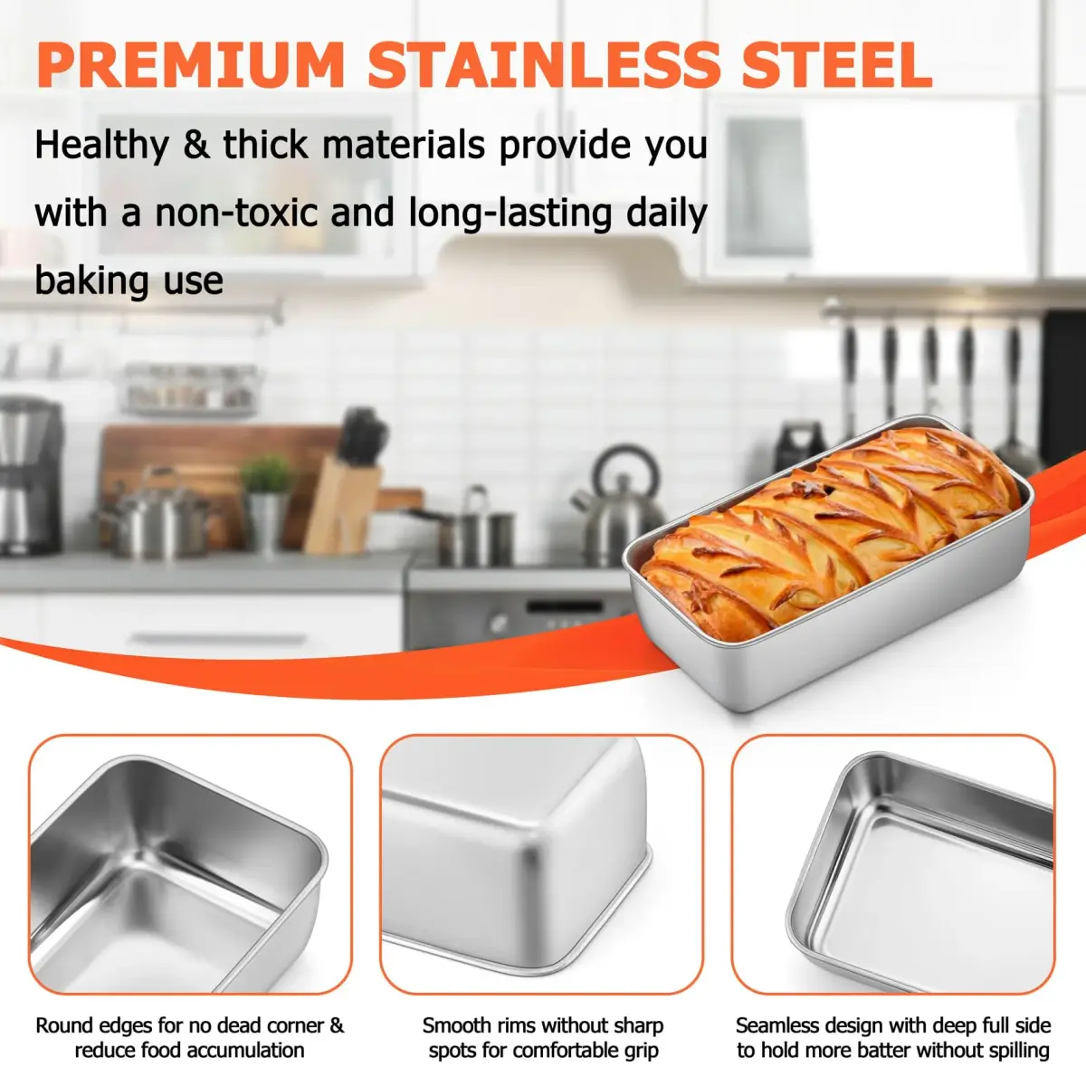TeamFar Stainless Steel Loaf Pans for Baking Bread, 9.25 x 5 Inch (2-Pack) | Healthy, Non-Toxic, Oven-Safe Baking - view 3