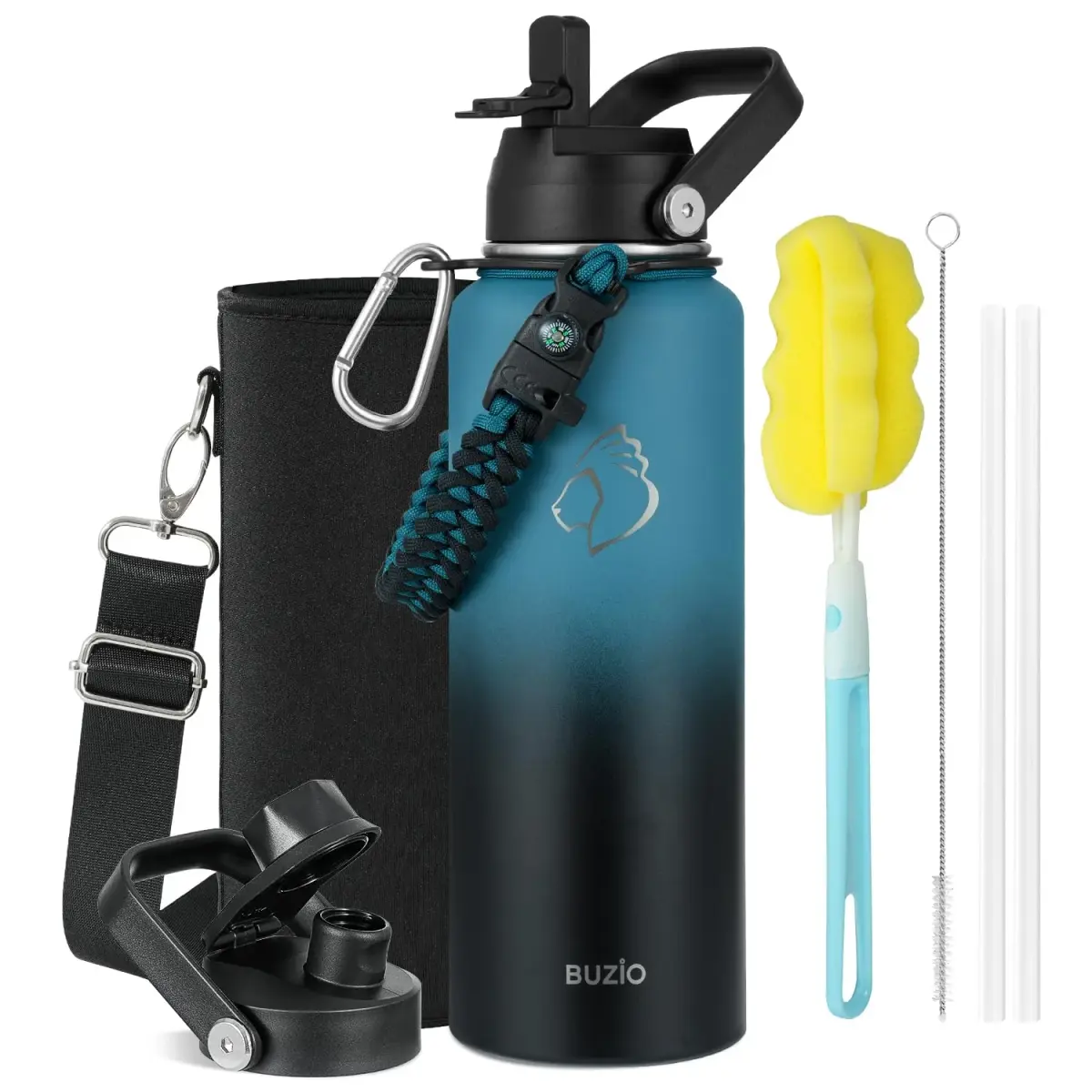 BUZIO 40 oz (1180 ml) Insulated Water Bottle with Paracord Handle & Straw Spout Lids | Keeps Cold 48 Hrs, Hot 24 Hrs - main product image