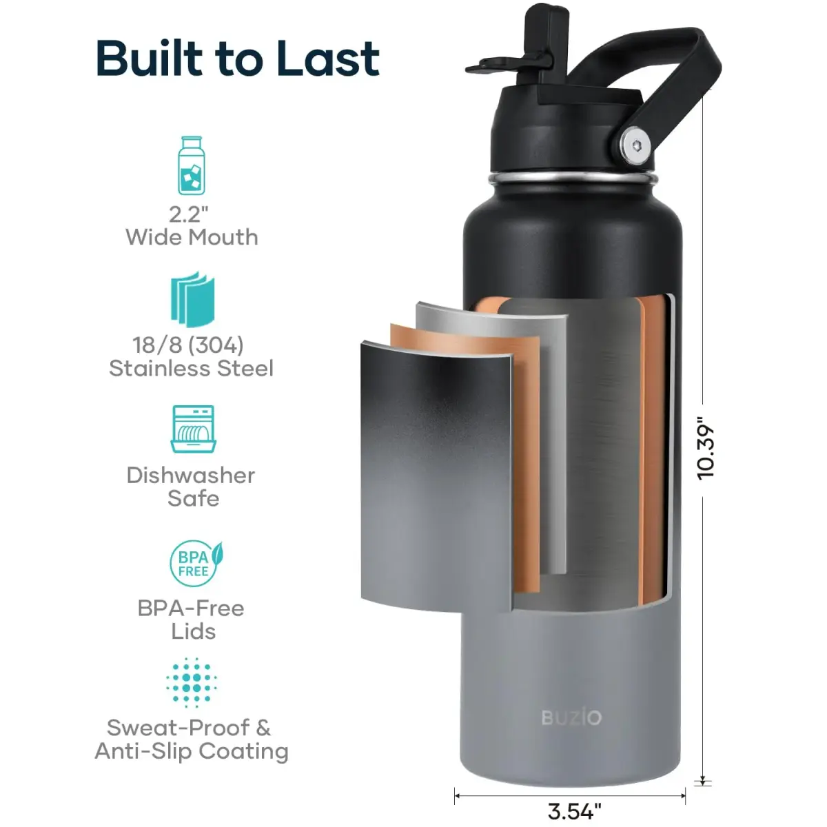 BUZIO 1183ml (40 oz) Insulated Water Bottle with Paracord Handle & Straw Spout Lids | Keeps Cold 48 Hrs, Hot 24 Hrs - view 5