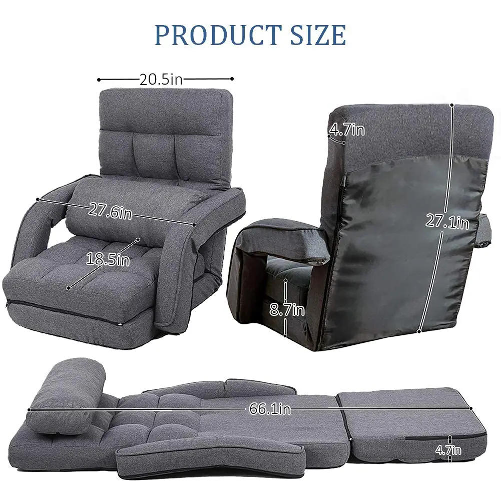 FLOGUOR Indoor Floor Gaming Chair with Back Support, 14-Position Folding Lazy Sofa, Grey | Adjustable Lounge for Living Room & Bedroom - view 5