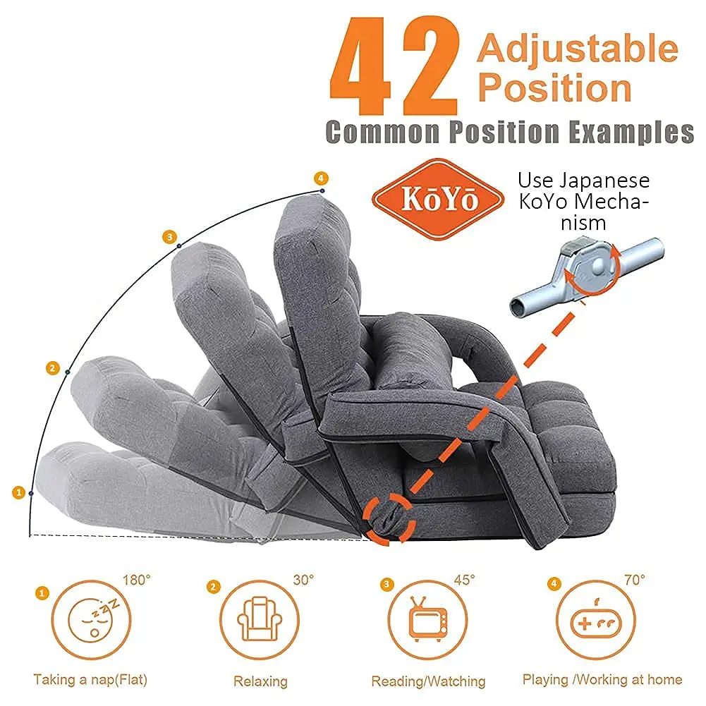 FLOGUOR Indoor Floor Gaming Chair with Back Support, 14-Position Folding Lazy Sofa, Grey | Adjustable Lounge for Living Room & Bedroom - view 2