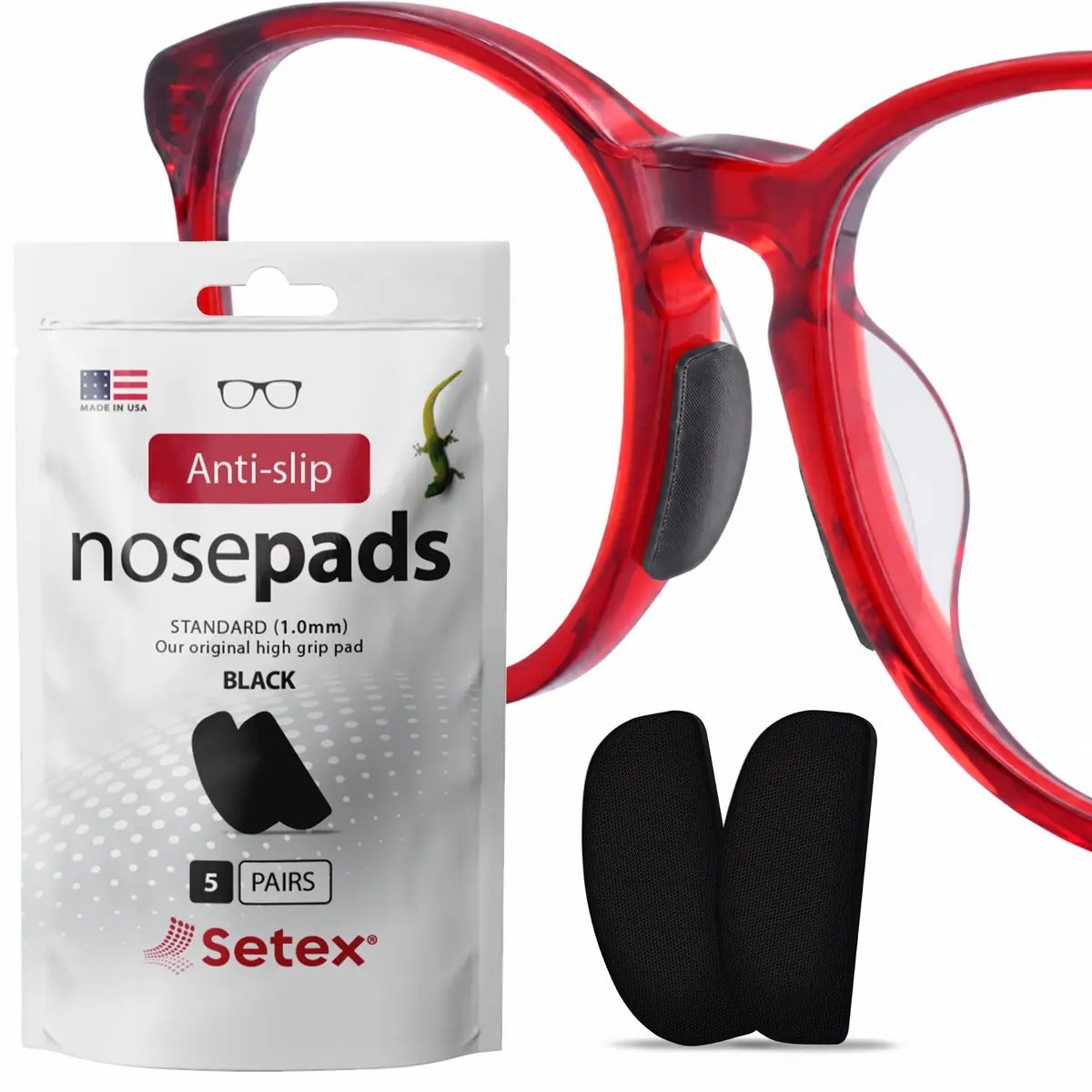 Setex Gecko Grip 1.0mm Anti Slip Nose Pads for Glasses, 5 Pair, Black | Gecko-Inspired Microfiber Grip for Plastic Frames - main product image