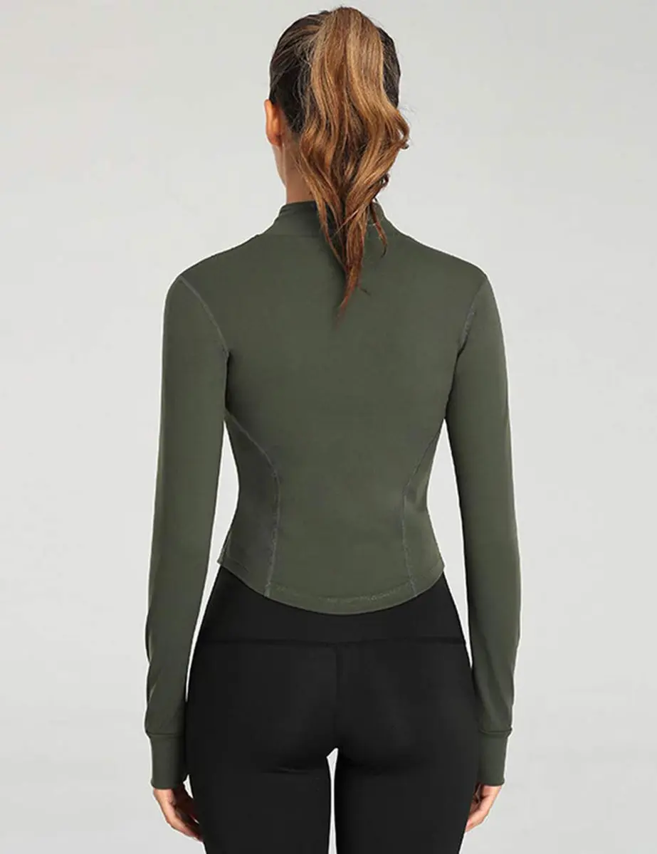 Gihuo Women's Athletic Full Zip Lightweight Workout Jacket Cropped ArmyGreen XS | Slim Fit with Thumb Holes - view 4