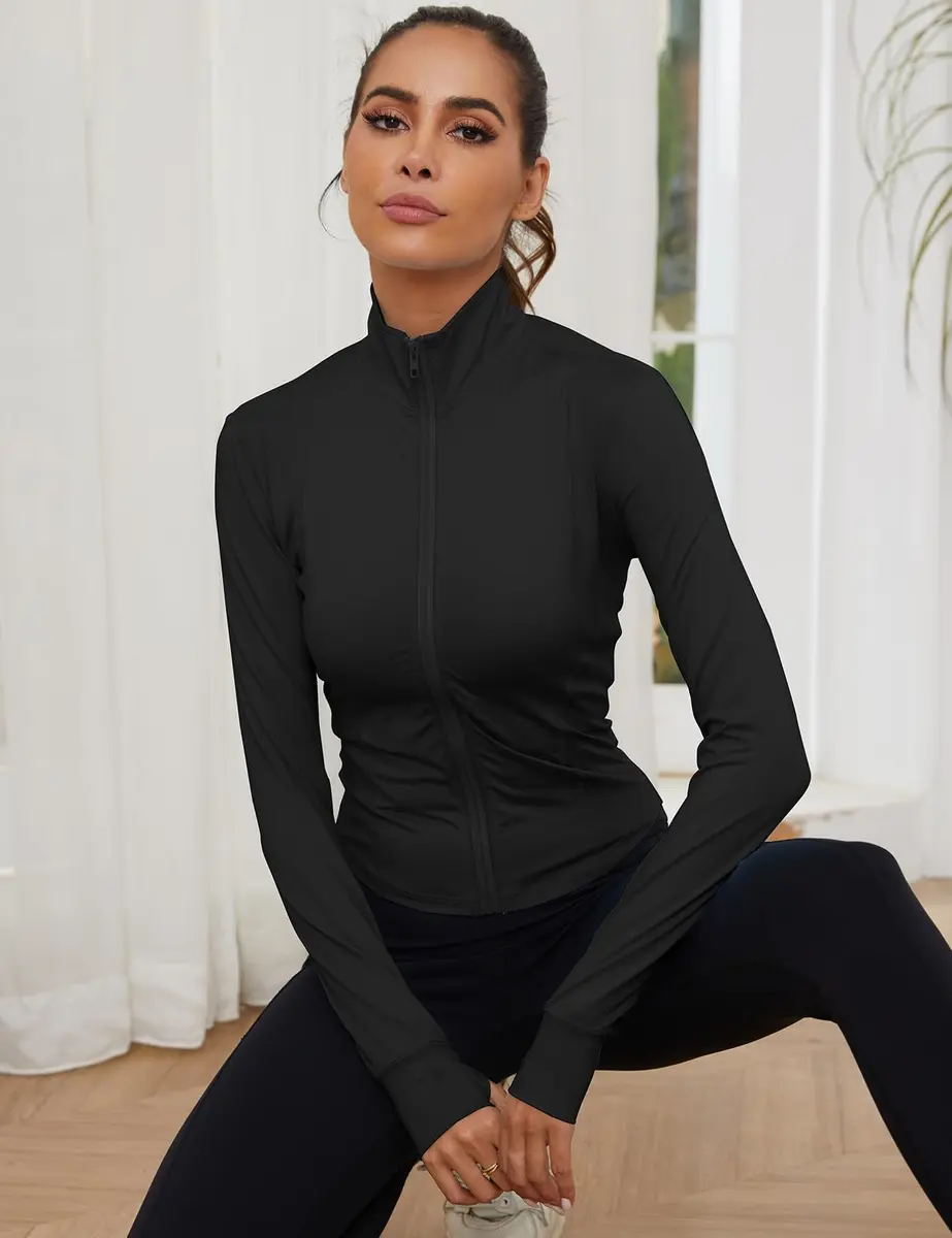Gihuo Women's Athletic Full Zip Lightweight Workout Jacket Cropped with Thumb Holes (Black-XS) | Slim Fit, Breathable & Versatile - view 3