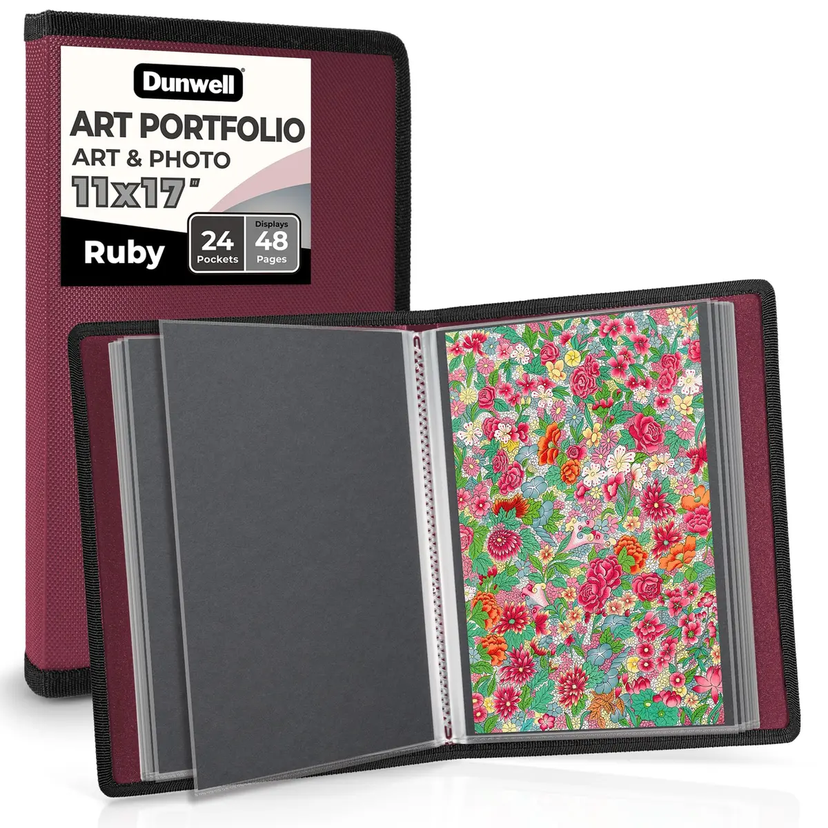 Dunwell 11x17 Art Portfolio Binder with 24 Sleeves and Black Mounting Paper | Displays 48 Pages - main product image