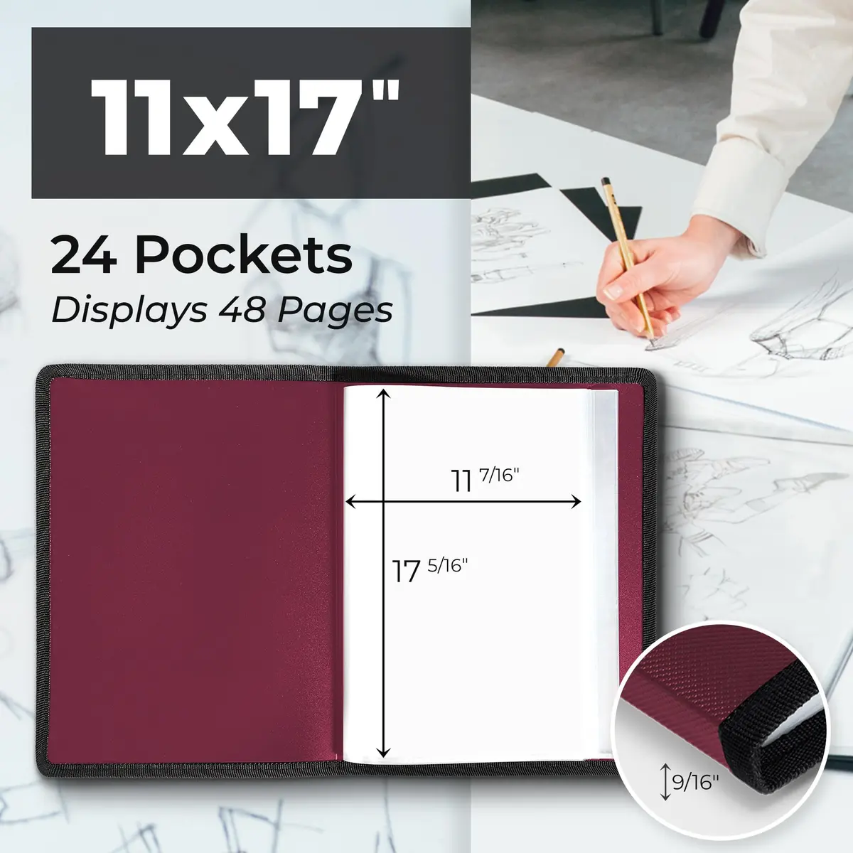 Dunwell 11x17 Art Portfolio Binder with 24 Sleeves and Black Mounting Paper | Displays 48 Pages - view 2