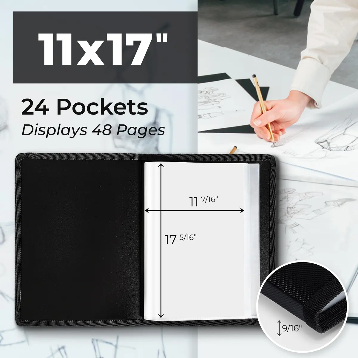 Dunwell 11x17 Art Portfolio Binder, 24-Sleeve, Black Mounting Paper, Black | Large Art Organizer for Artists & Students - view 2