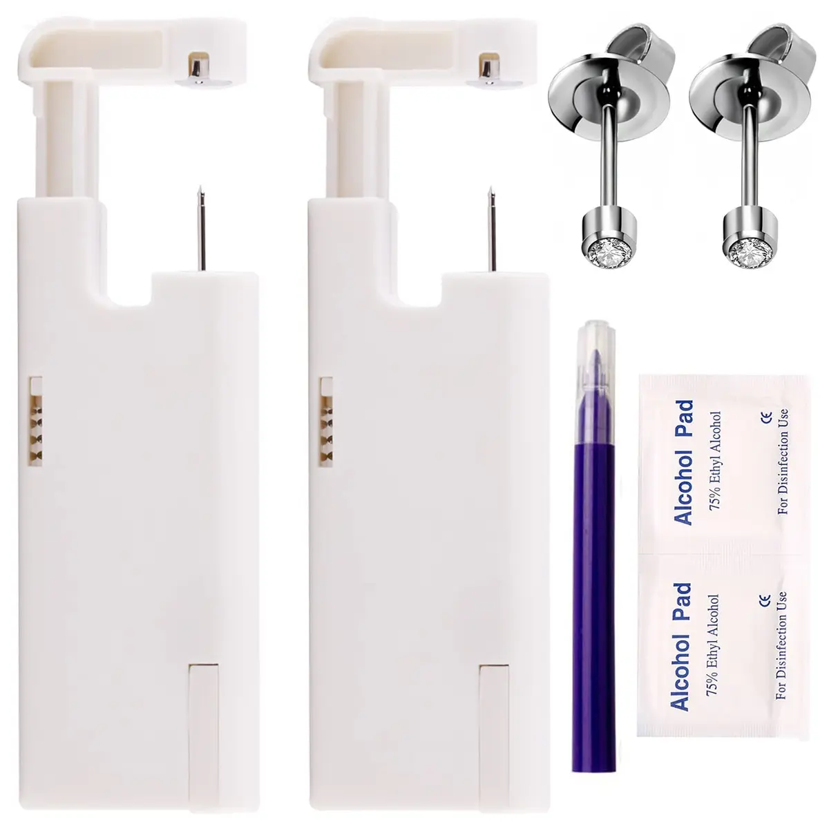 KAIQIKAIXI Silver 2Pcs Automatic Ear Piercing Gun Kit with 3mm Studs & Cleaning Pads | Painless & Disposable for Home Use - main product image