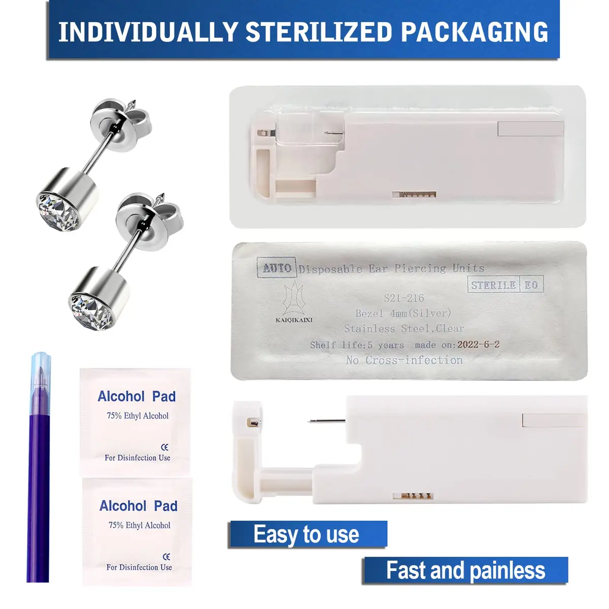 KAIQIKAIXI Silver 2Pcs Automatic Ear Piercing Gun Kit with 3mm Studs & Cleaning Pads | Painless & Disposable for Home Use - view 5