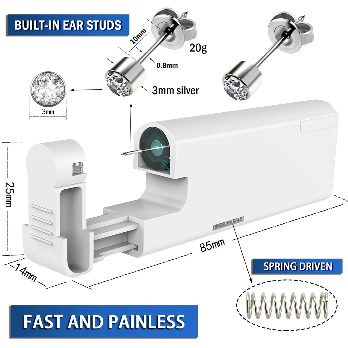 KAIQIKAIXI Silver 2Pcs Automatic Ear Piercing Gun Kit with 3mm Studs & Cleaning Pads | Painless & Disposable for Home Use - view 3