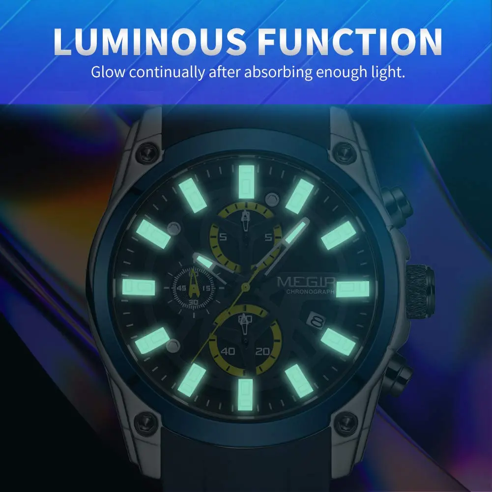 MEGIR Men's Analogue Sport Chronograph Quartz Watch, Blue | Water-Resistant, Luminous, 46.5mm Dial - view 5
