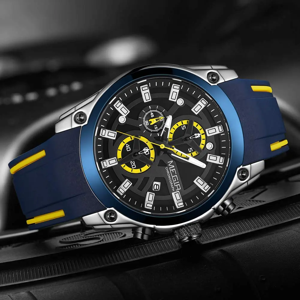 MEGIR Men's Analogue Sport Chronograph Quartz Watch, Blue | Water-Resistant, Luminous, 46.5mm Dial - view 7