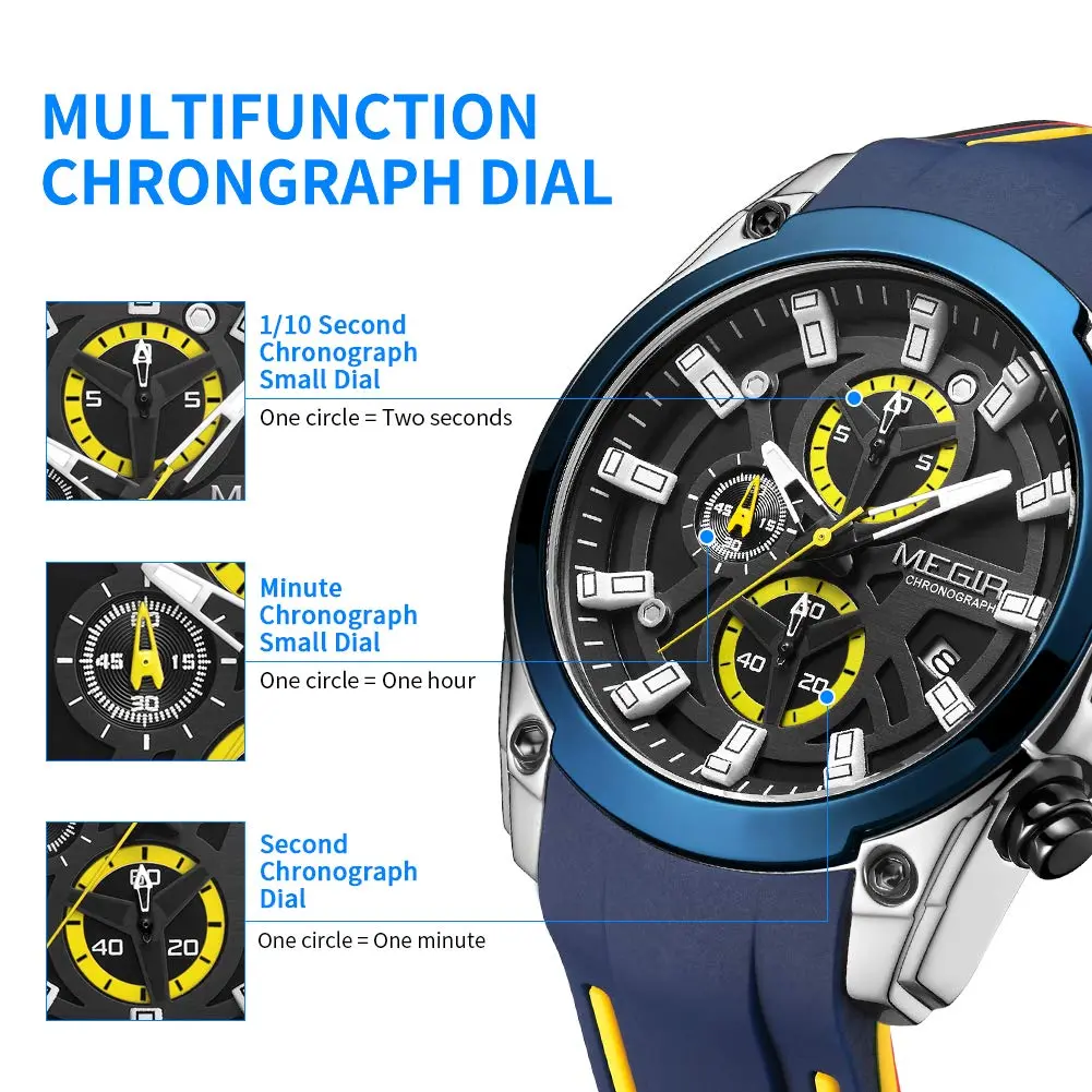 MEGIR Men's Analogue Sport Chronograph Quartz Watch, Blue | Water-Resistant, Luminous, 46.5mm Dial - view 2