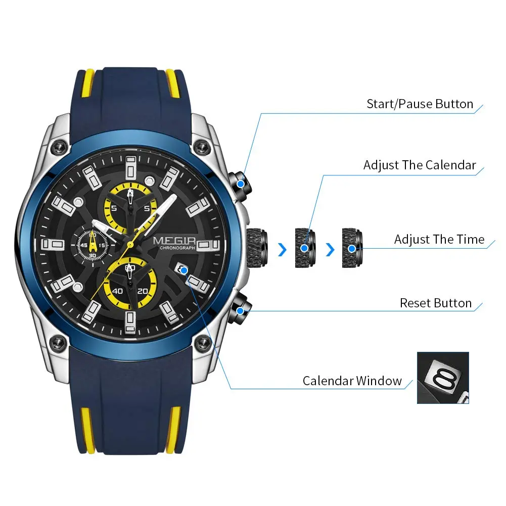 MEGIR Men's Analogue Sport Chronograph Quartz Watch, Blue | Water-Resistant, Luminous, 46.5mm Dial - view 3