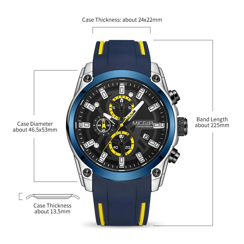 MEGIR Men's Analogue Sport Chronograph Quartz Watch, Blue | Water-Resistant, Luminous, 46.5mm Dial - view 4