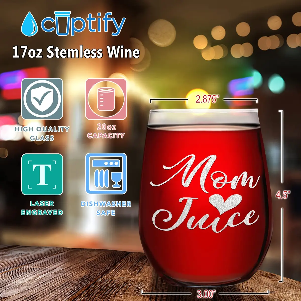 Cuptify Mom Juice 17 oz (493 ml) Stemless Wine Glass | Funny Unique Gift Idea for Women - view 2