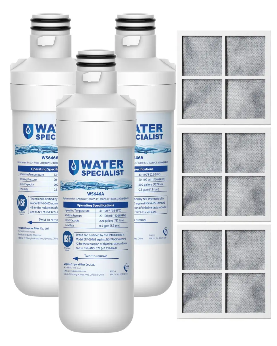 Waterspecialist LT1000PC Refrigerator Water Filter and Air Filter 6 Piece Set | NSF Certified 220V Compatible - main product image