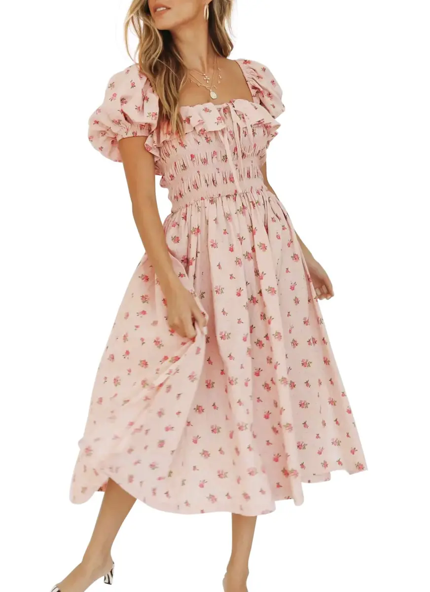 R.Vivimos Womens Summer Floral Print Puff Sleeves Midi Dress (Medium, Pink) | Vintage Ruffles, Cotton, Summer - main product image