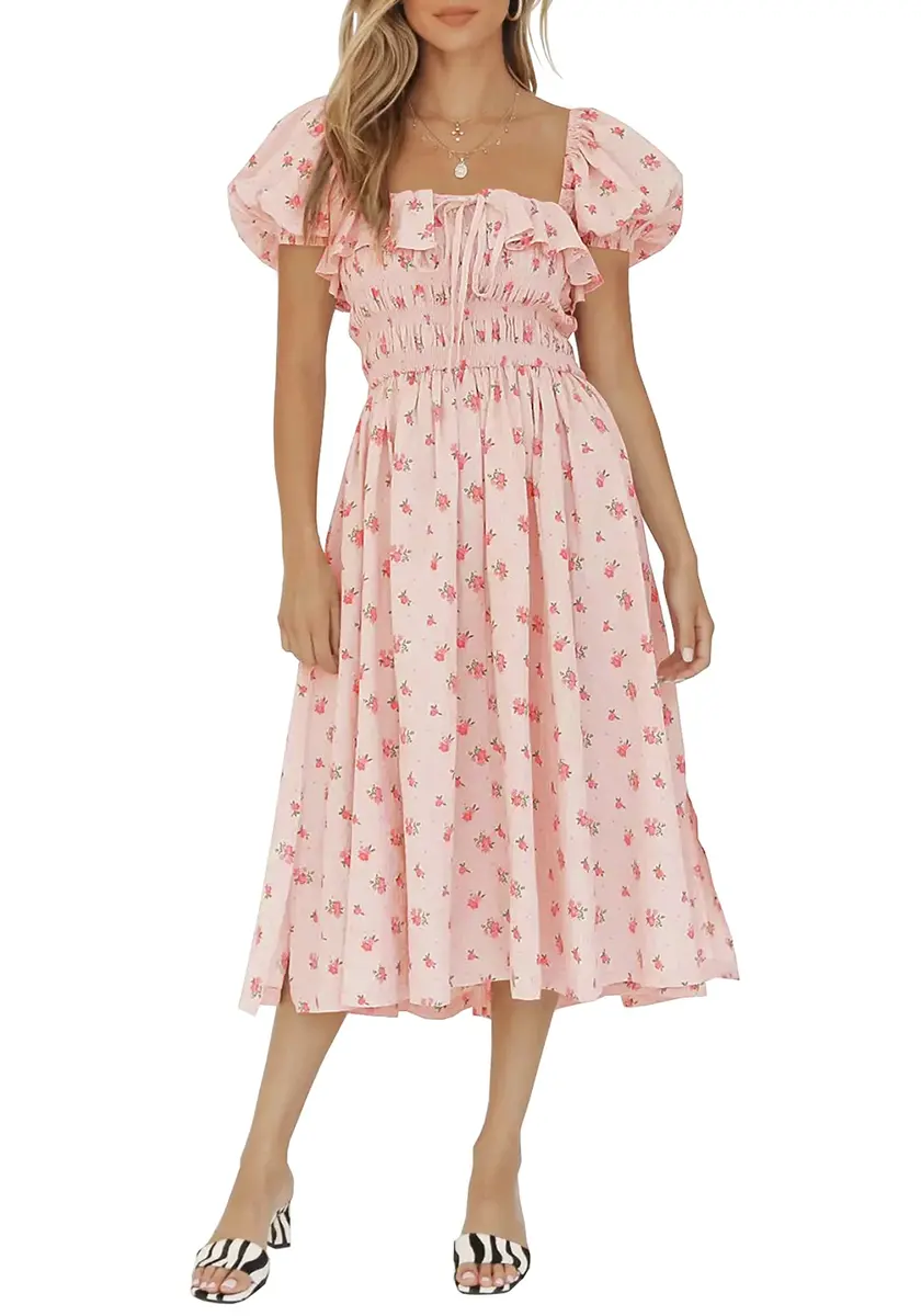 R.Vivimos Womens Summer Floral Print Puff Sleeves Midi Dress (Medium, Pink) | Vintage Ruffles, Cotton, Summer - view 2
