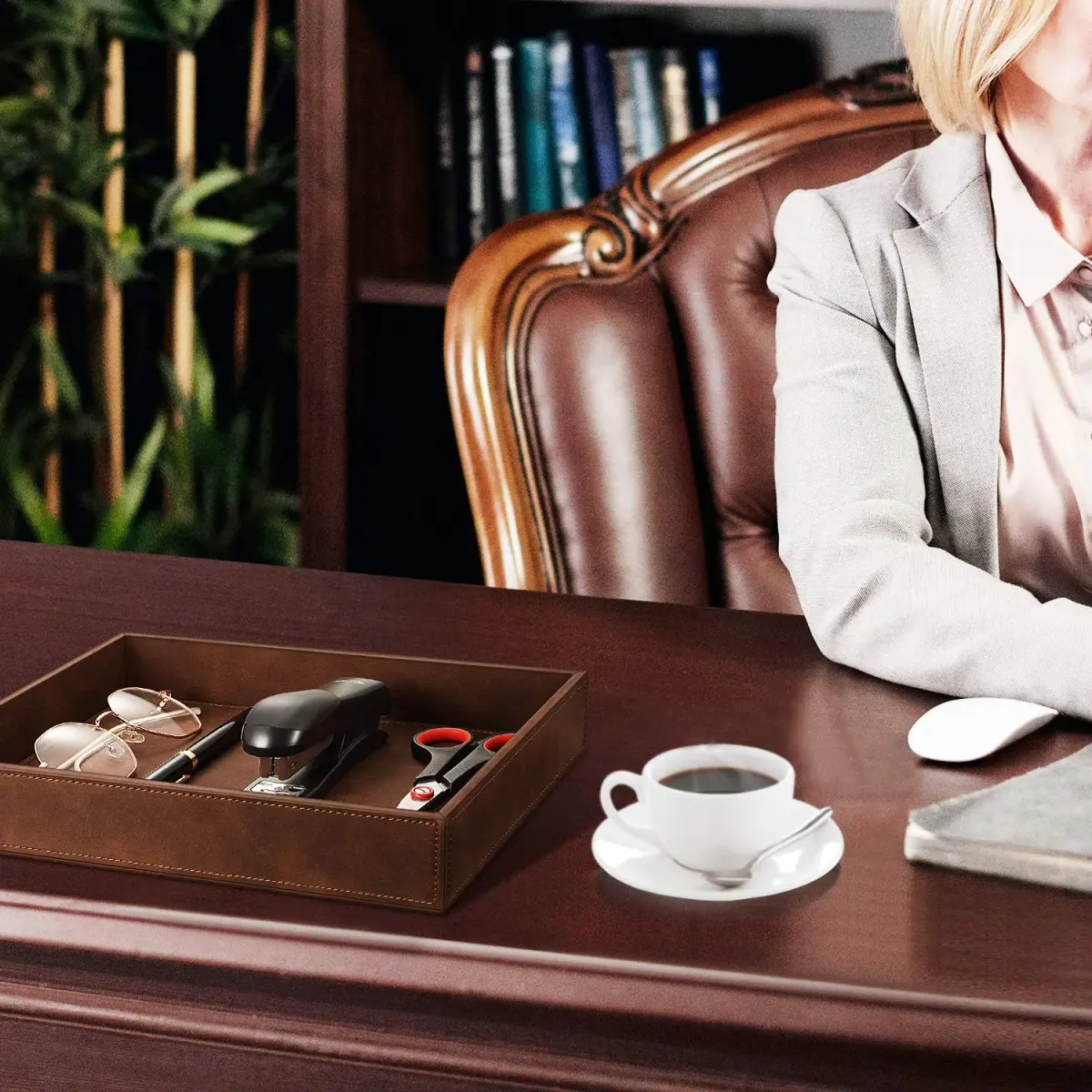 SITHON Valet Tray Desk Organizer PU Leather Catchall Brown | Keeps Essentials Tidy - view 5