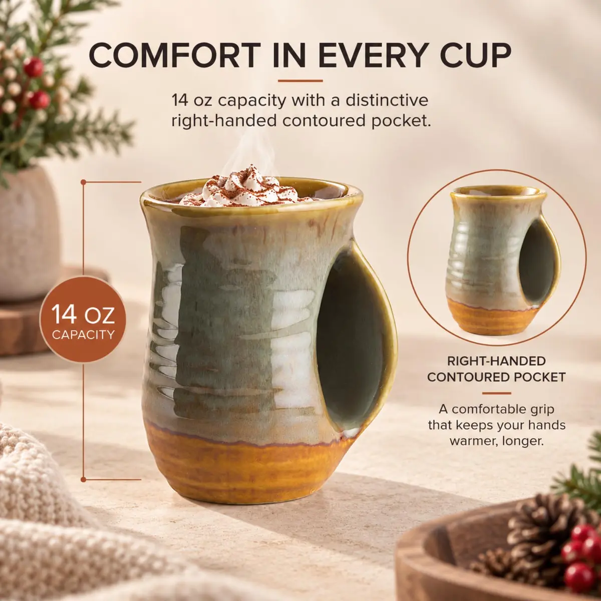 GUTE Hand Warmer Mug 404ml (14 fl oz) Dessert Green | Ceramic Pottery with Contoured Pocket for Warm Hands - view 5