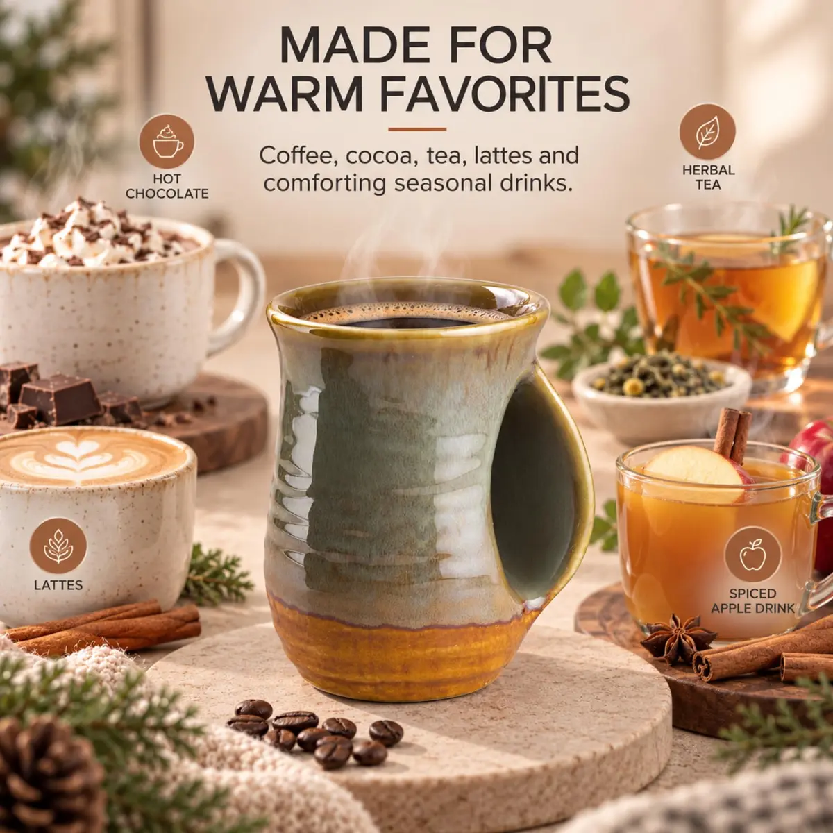 GUTE Hand Warmer Mug 404ml (14 fl oz) Dessert Green | Ceramic Pottery with Contoured Pocket for Warm Hands - view 6