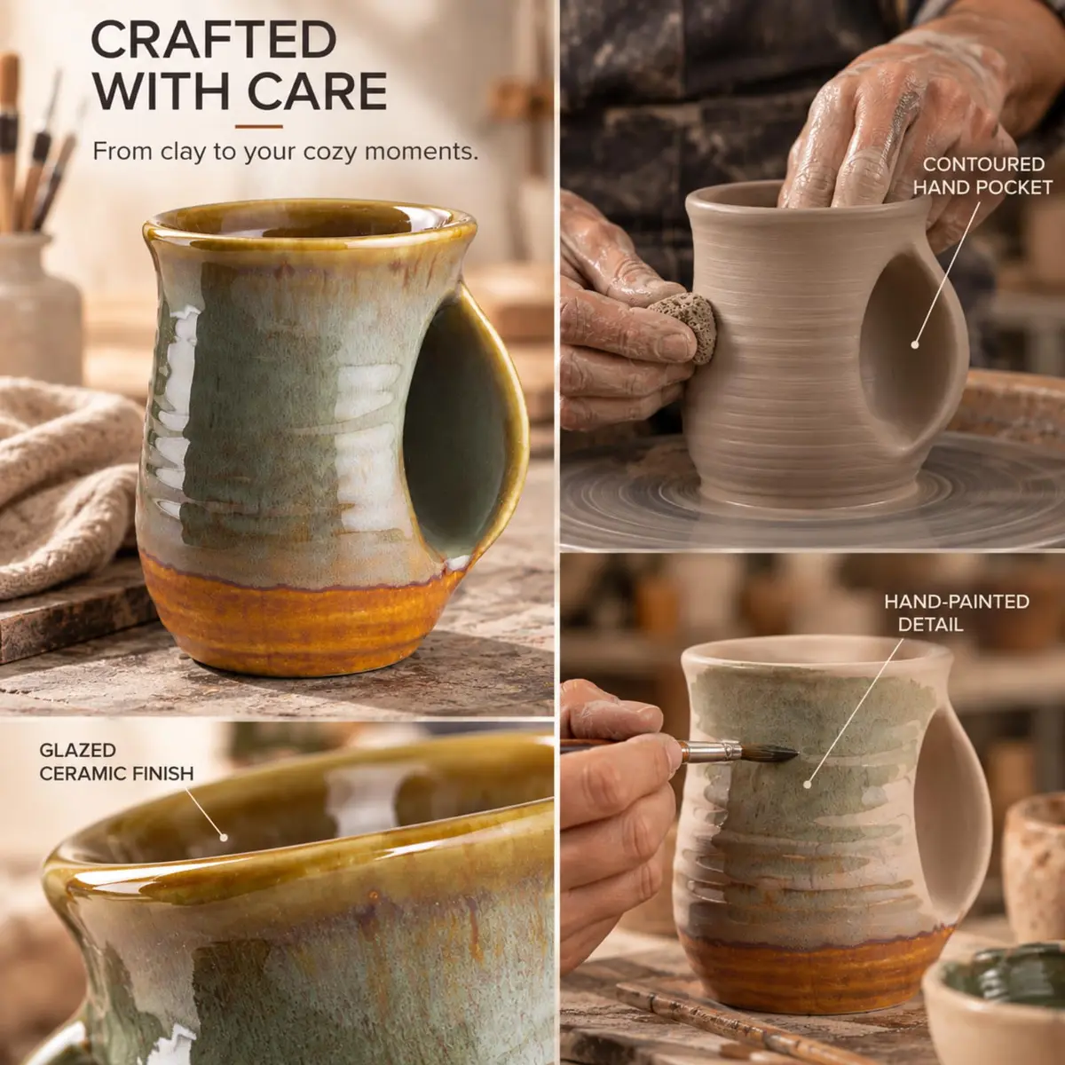 GUTE Hand Warmer Mug 404ml (14 fl oz) Dessert Green | Ceramic Pottery with Contoured Pocket for Warm Hands - view 8