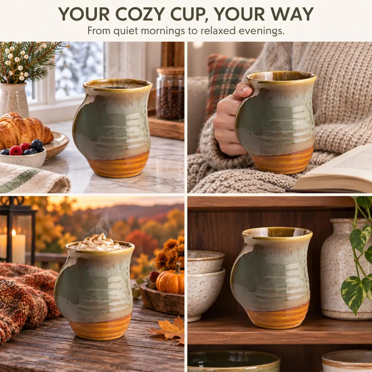 GUTE Hand Warmer Mug 404ml (14 fl oz) Dessert Green | Ceramic Pottery with Contoured Pocket for Warm Hands - view 9