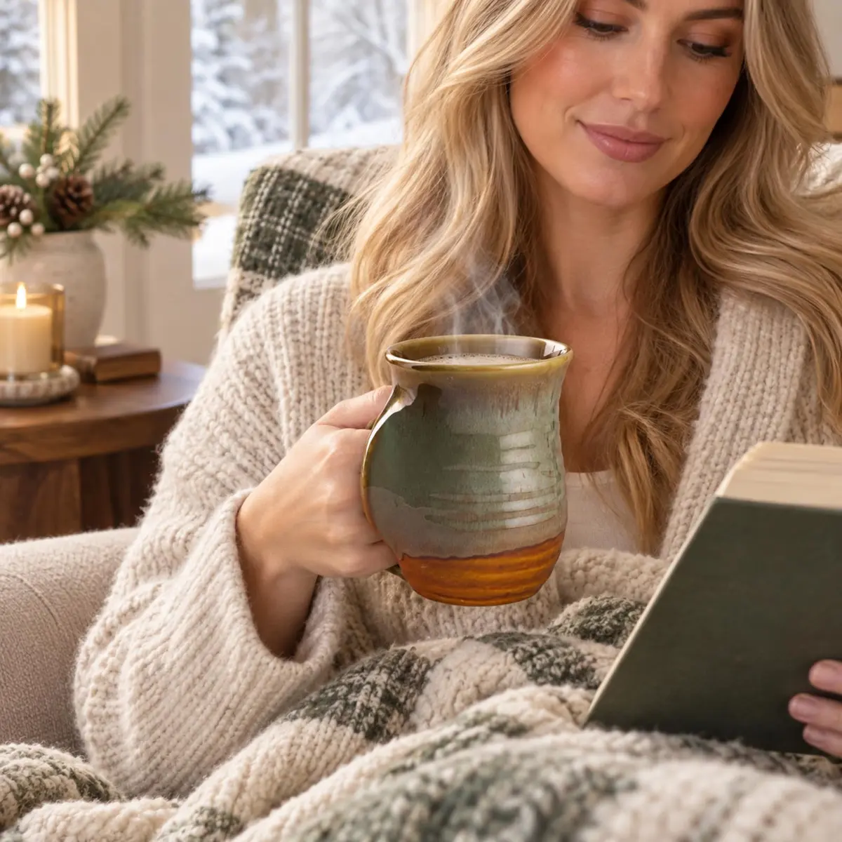 GUTE Hand Warmer Mug 404ml (14 fl oz) Dessert Green | Ceramic Pottery with Contoured Pocket for Warm Hands - view 2