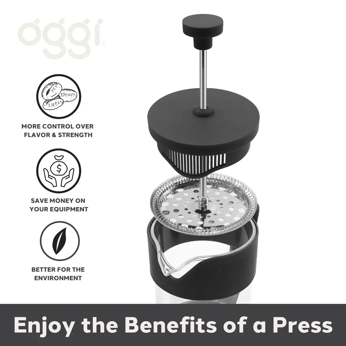 Oggi Borosilicate Glass French Press Coffee Maker 20oz | 5 Cup Capacity, Durable & Heat-Resistant - view 5