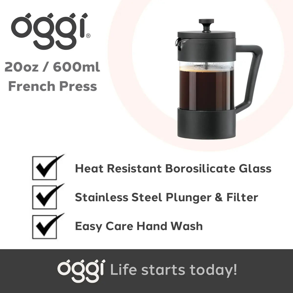 Oggi Borosilicate Glass French Press Coffee Maker 20oz | 5 Cup Capacity, Durable & Heat-Resistant - view 7