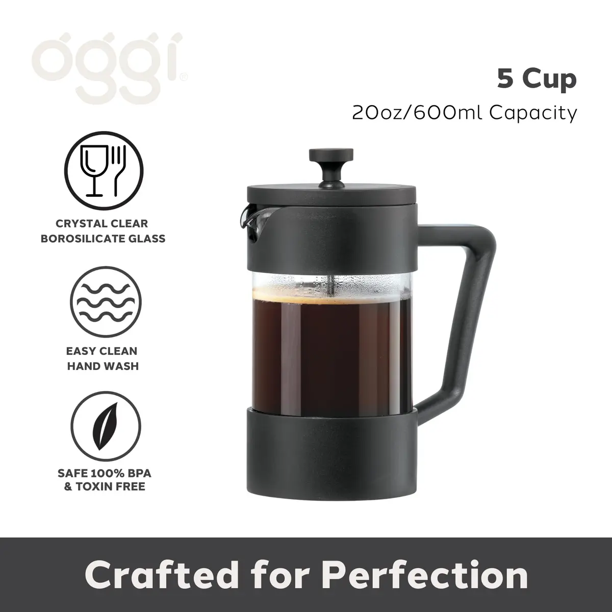 Oggi Borosilicate Glass French Press Coffee Maker 20oz | 5 Cup Capacity, Durable & Heat-Resistant - view 2
