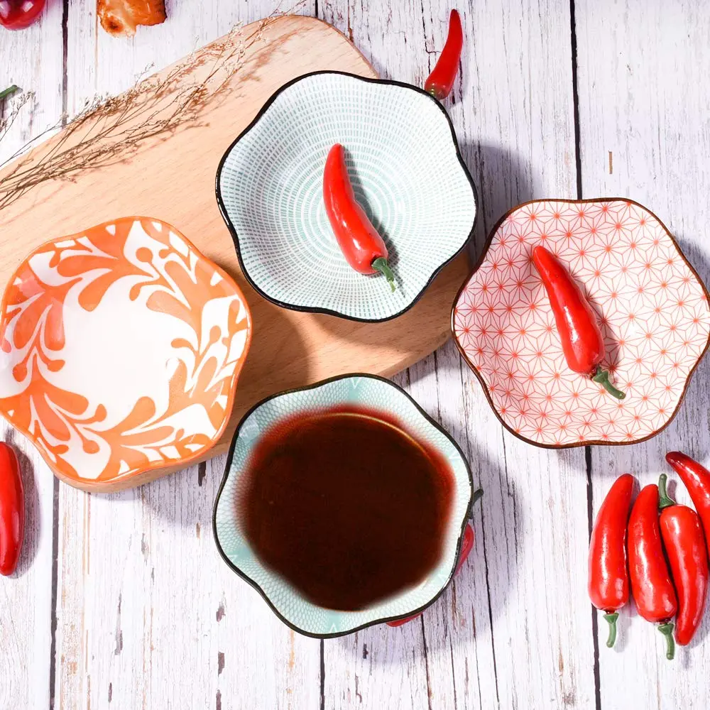 Whitenesser Ceramic Dipping Bowl Set of 4 | Assorted Geometric Floral Sauce Dishes, 4.13" - view 7