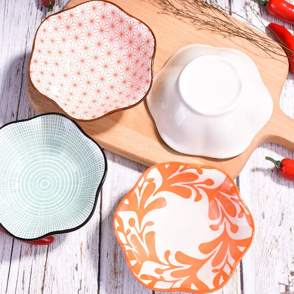 Whitenesser Ceramic Dipping Bowl Set of 4 | Assorted Geometric Floral Sauce Dishes, 4.13" - view 8