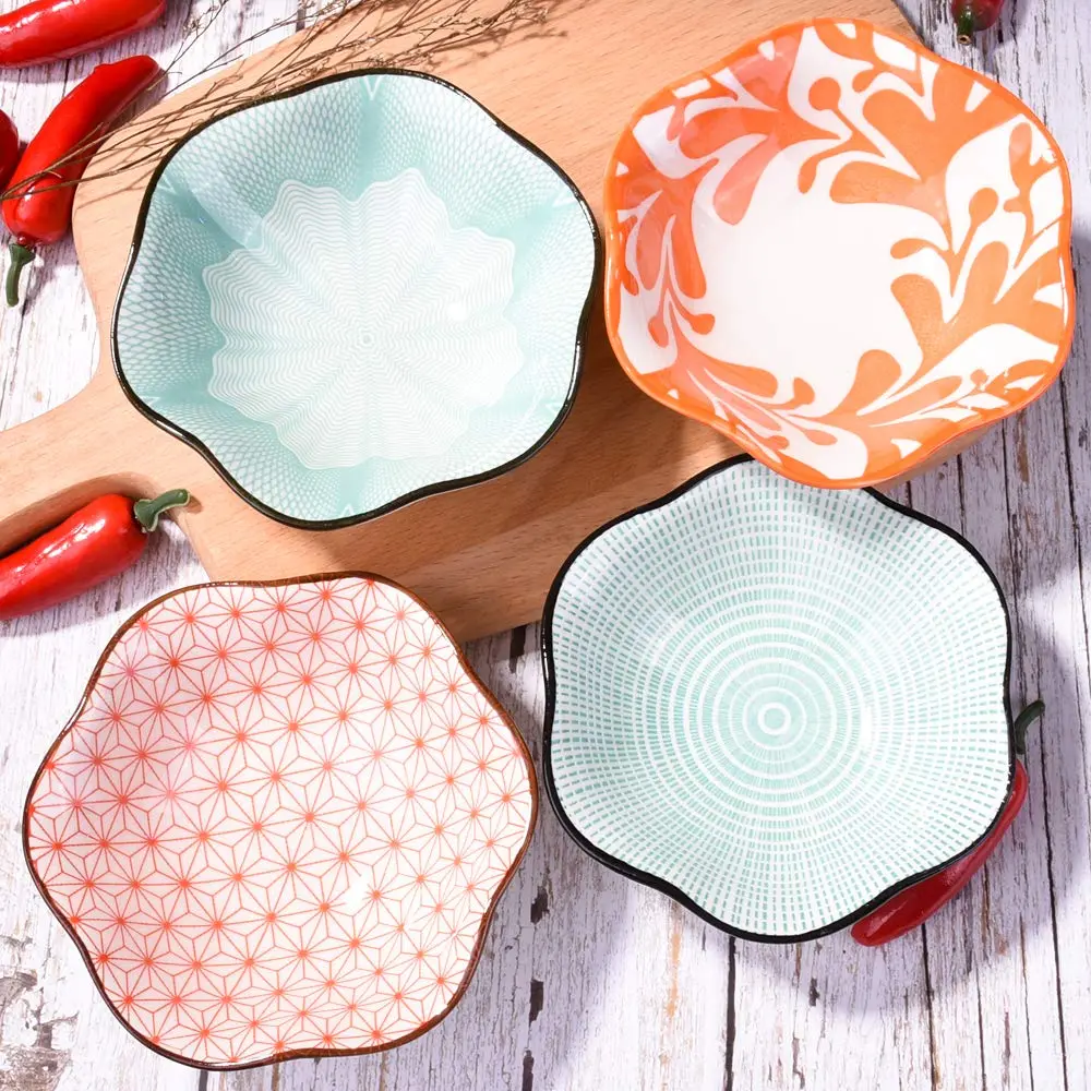 Whitenesser Ceramic Dipping Bowl Set of 4 | Assorted Geometric Floral Sauce Dishes, 4.13" - view 3