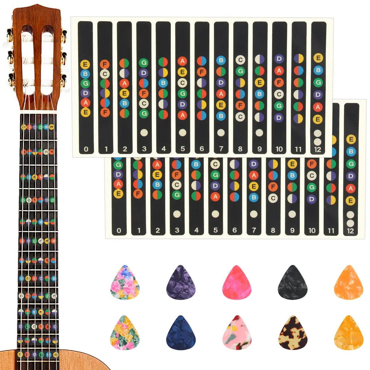 AUGSUN Guitar Fretboard Stickers with 10 Picks | Beginner Learning Tool (2-Pack) - main product image