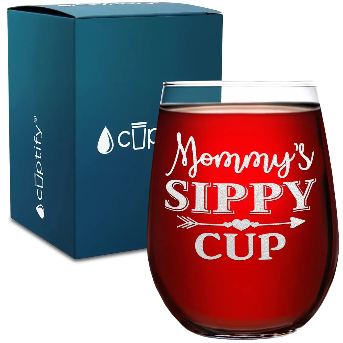 Cuptify Mommy's Sippy Cup Stemless Wine Glass 503ml (17 fl oz) | Laser Etched Heart Arrow Design - main product image
